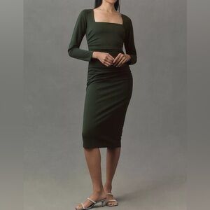 NWT BHLDN Larisa Square Neck Long Sleeve Stretch Crepe Midi Emerald Green L